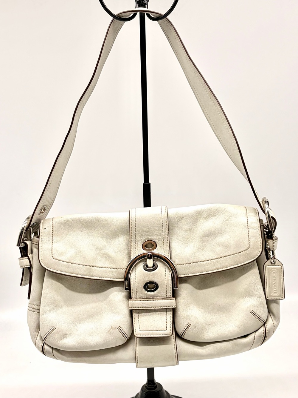 Coach Ivory White Leather Y2K Shoulder Bag with Buckle Accent Adjustable Medium